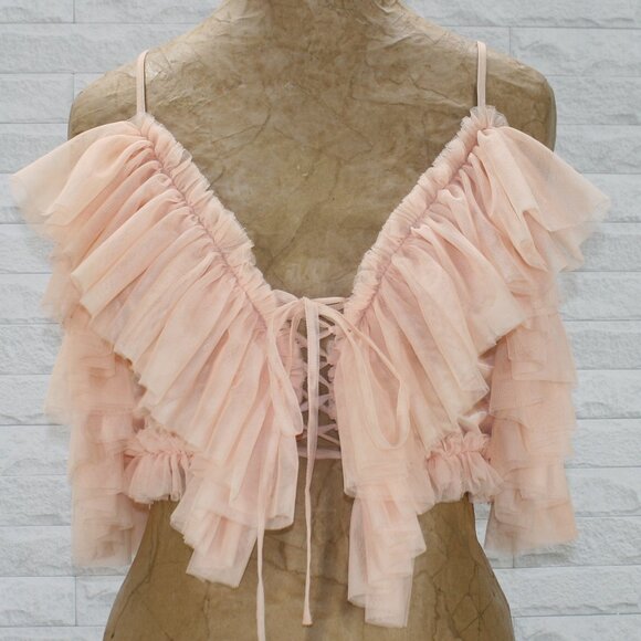 AKIRA Tulle Cropped Top Ruffle Off Shoulder Bralette Romantic Pastel Peach Med - Picture 1 of 13